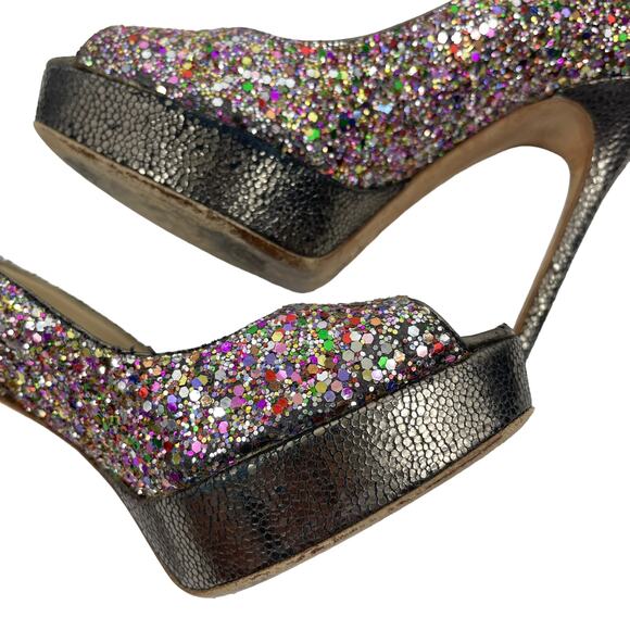 Jimmy Choo Rainbow Glitter Peep Toe Platform Pumps Size 37 - Picture 8 of 13